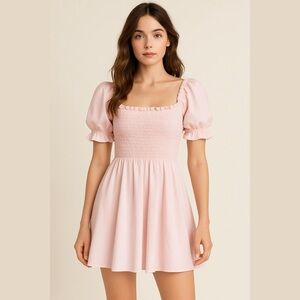 Mi Ami Women’s Pastel Pink Smocked Mini Dress Pockets Cottagecore Coquet Size L
